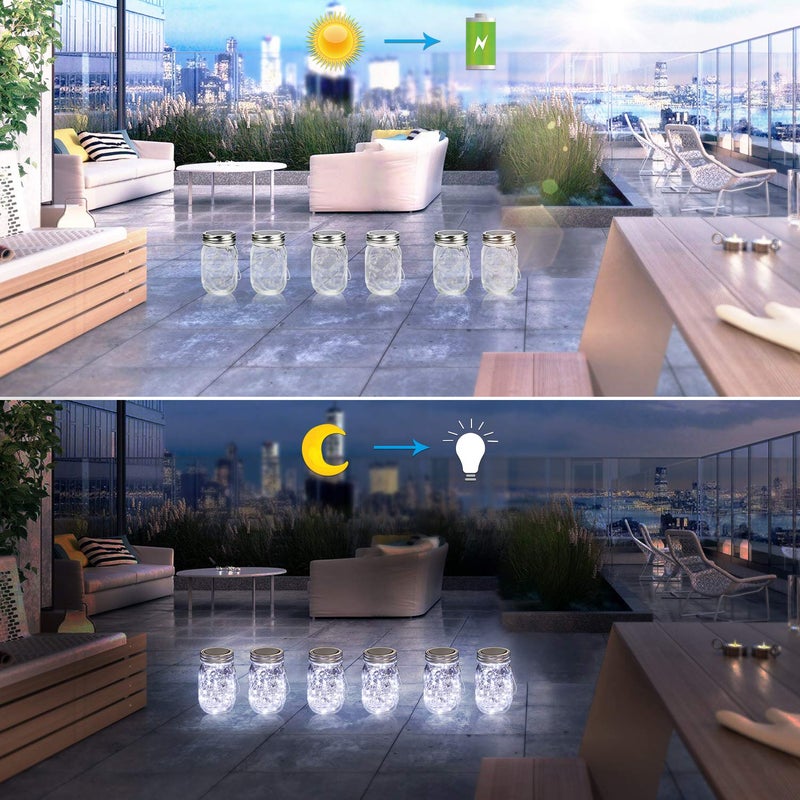 Mlambert Mason Jar Solar Lights 30 LEDs, 6 Pack Hanging Solar Lanterns Outdoor, Waterproof Fairy Lights Outdoor Lanterns for Patio Garden, Cool White - Image 4